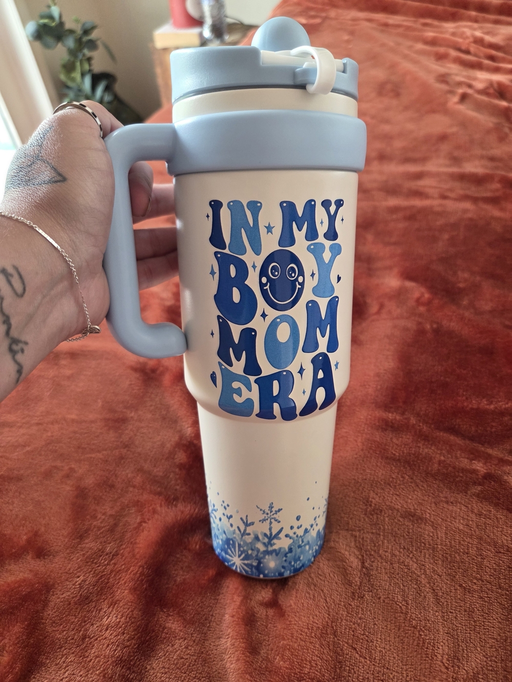 Blue and White 'In My Boy Mom Era' Insulated Travel Mug